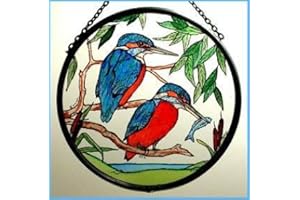 HENSITA Decorative Hand Printed Stained Glass Window Sun Catcher/Roundel in a Kingfishers Design.