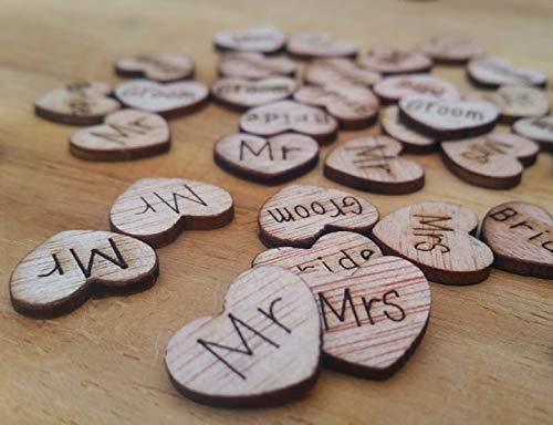 Wedding Table Confetti by Pickled Chicken | Wooden Hearts | Individually Engraved with Mr Mrs Bride Groom | Pack of 100