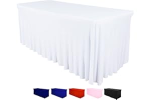 DESTINATION Table Skirt for Rectangular Tables 6ft - Wedding Spandex Table Covers for Standard 6 Foot Table - One Piece Fitted Stretchy Tablecloth - Wrinkle Resistant Ruffles Great for Party,Banquet (6 ft, White)