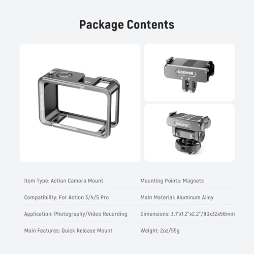 NEEWER Action Camera Cage Kit Compatible with DJI Osmo Action 5 Pro 4 3 DJI Mic, Protective Frame Accessories with Quick Release Cold Shoe Mount & Magnetic Mount Adapter, AC011+AC012+ AC014