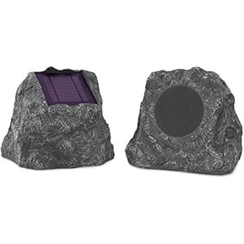 Innovative Technology Premium 5-Watt Bluetooth Outdoor Rock Speakers with A/C Adaptor, Built In Rechargeable 5200mAh Battery and Solar Panels, Pair, Charcoal