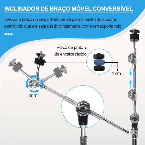 Estante para Prato de Bateria, Pratos de Bateria, Estante Prato, Estante Prato Bateria, Estante Girafa Bateria, Pedestal para Prato de Bateria, Suporte Ajustável de 80-130cm, Estrutura em Ferro, Prata