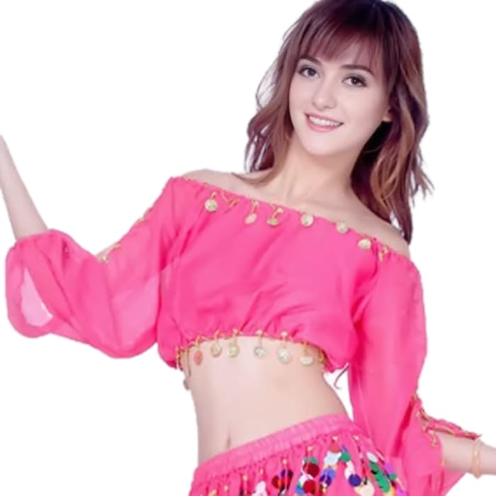 Wuchieal Women's Carnival Stage Performance Tops,Belly Dance Long Sleeves Top,Crop Top with Gold Coins (One Size,Dark Pink)