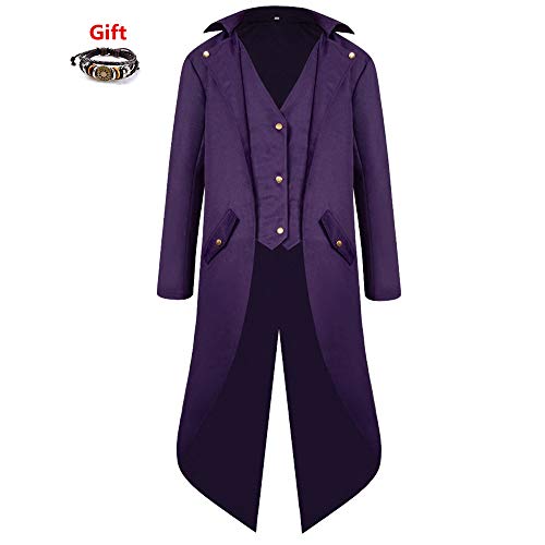 SMALLE ◕‿◕ Steampunk Men's Trench Coats Gothic Hooded Detachable Long Coats Tailcoat Party Overcoat (z_Purple, L)