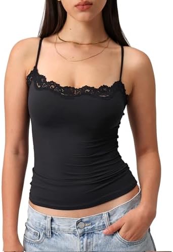 Women's Sexy Square Neck Lace Trim Cami Tank Tops Fitted