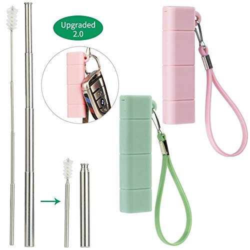 Yoocaa Collapsible Metal Straws, 2 pack Portable Reusable Straws with Case, Foldable Travel Drinking Straws with Cleaning Brushes & Key Chains, Pink & Green