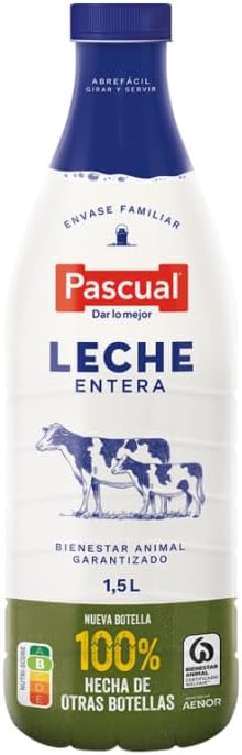 Leite Pascual - Leite Integral - Bem-estar Animal - Embalagem de 6 x 1,5L - Ideal para crianças e adultos, Produto Natural e Saudável