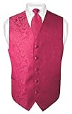 Men's Paisley Design Dress Vest & NeckTie HOT PINK FUCHSIA Color Neck Tie Set