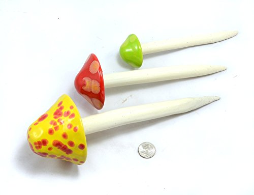 Mushroom Ceramic Garden Stakes - 3 Handmade Outdoor Ornament Decor - Made In USA - Toadstools for Lawns, Planters, Gardens, & Yards. Colors: Yellow, Red, Light Green