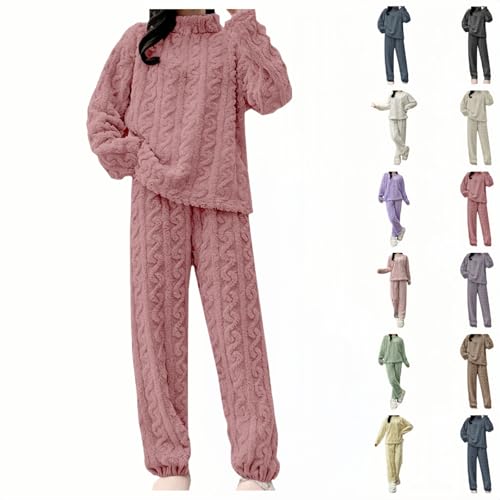Women's Pyjama Sets, Winter Soft Fluffy Fleece Loungewear Sets for Ladies, Cosy Warm Pjs with Long Sleeve Knit Top & Fleece Pyjama Bottoms, Comfortable Sleepwear