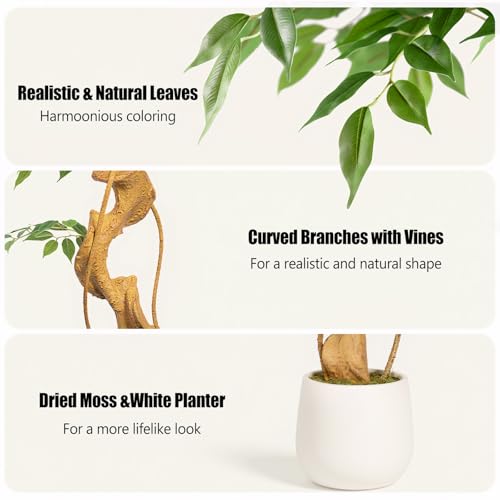 Keeplush Artificial Plant Ficus Tree 180 cm with White Planter,Large Artificial Plants with Curved Tree Trunk and 1860 Leaves, Artificial Tree for Indoor Decoration, Living Room, Bedroom