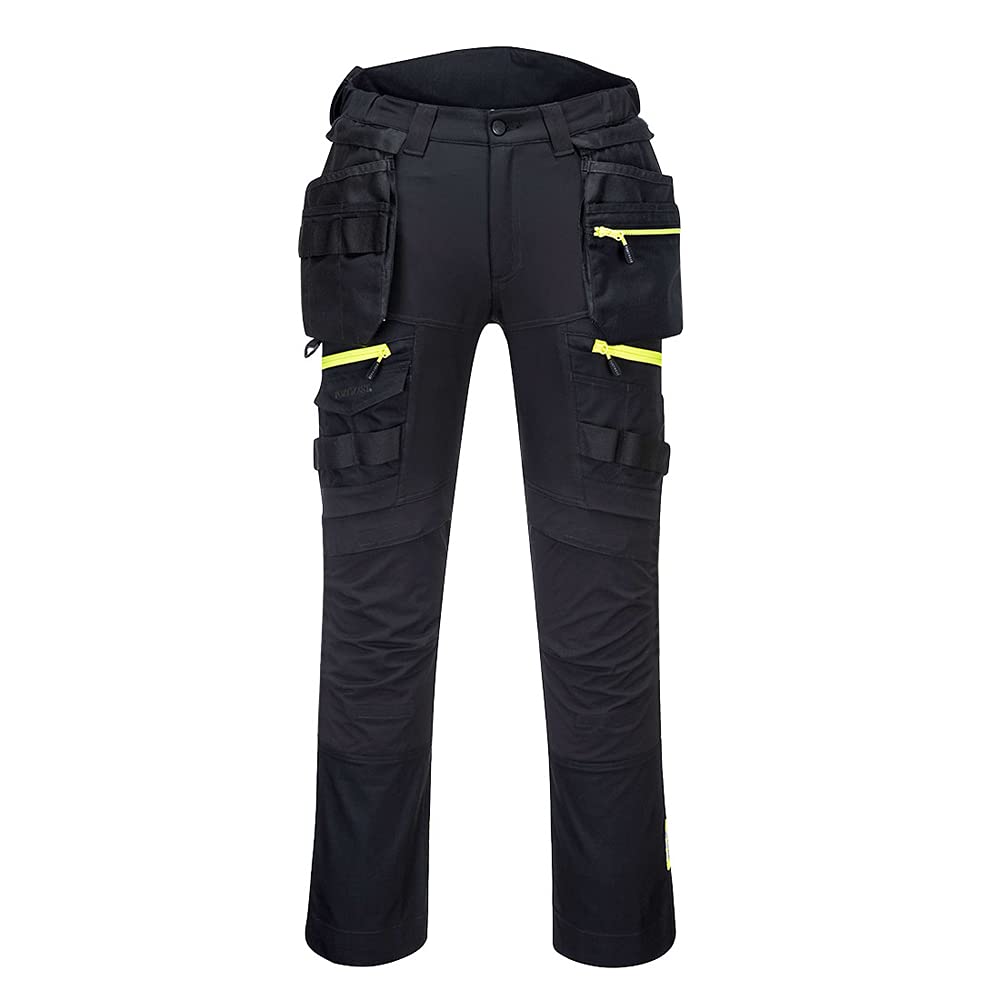 Portwest DX440 Lightweight Detachable Holster Work Trousers Mens Multi Pockets Stretch Safety Workwear Cargo Combat Pants with Free Knee Pads Black, 34