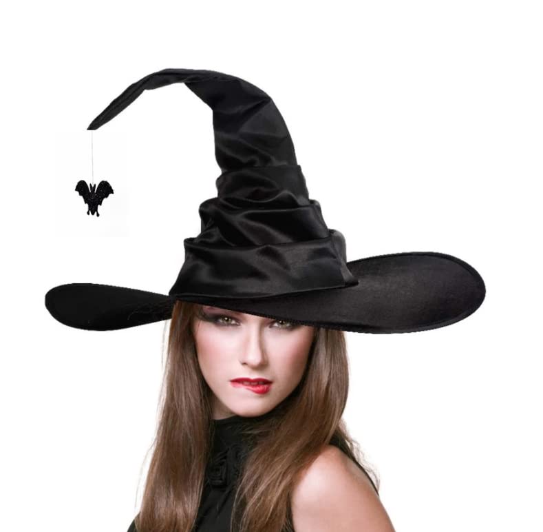Witch Hat Halloween Wizard Hat Pointed Funny Witch Hat Halloween Party Hat Halloween Witch Headwear Pleated Witch Hat Modern Wide Brim Witch Hat with Spider Bat Cosplay Party Fancy Dress Accessory