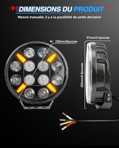 BraveWAY 9 Inch LED Work Light 2 PCS Long Range Led Headlight with Orange/White Flashing Light, 12 V - 24 V, E9 Approved for Car, Truck, Tractor, Front Lights