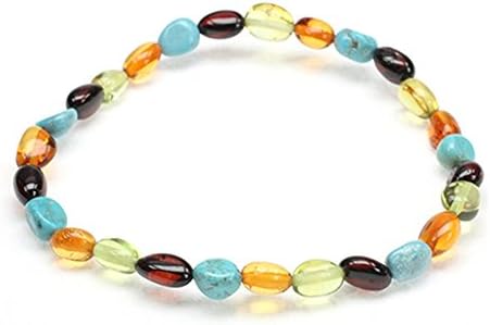 Amberbeata Cherry and Cognac Baltic Sea Amber, Green Caribbean Amber, Natural Turquoise Bracelet