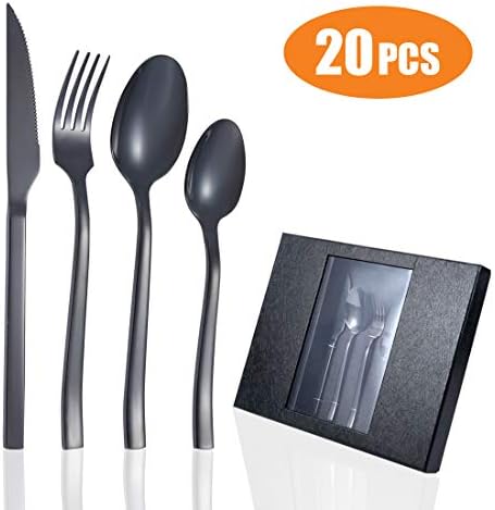 Black Silverware Set, 20-Piece Stainless Steel Flatware Set, Cutlery Set Service for 5, Mirror Finish, Dishwasher Safe