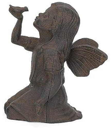 Cast Iron Fairy Figurine – Sitting Angel With Bird, Antique Finish Garden Shelf Sitter