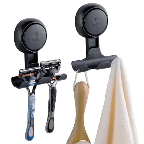 Photo 1 of TAILI Suction Cup Razor Holder for Shower 2 Pack, Towel, Loofah, Shaver Holder for Shower Wall, Powerful Suction Cup Hooks for Inside Bathroom, Easy to Install and Reuse, Black