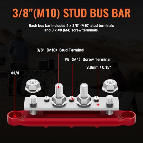 Joinfworld Bus Bar 12V 250A Power Distribution Block with 4 x 3/8" Studs 12 Volt Marine Battery Busbar Terminal Block with Cover - Negative&Positive