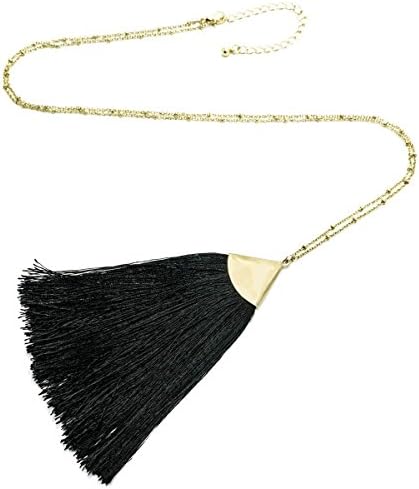 Silky Thread Tassel Fan Long Chain Necklace (Black)