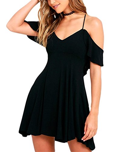 Jug&Po Women's Sexy Ruffled Shoulder Straps Backless Skater Dress