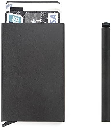 RFID Blocking Card Holder Automatic Pop-Up Aluminum Slim Wallet, Pure Black Minimalist for Travel or Work