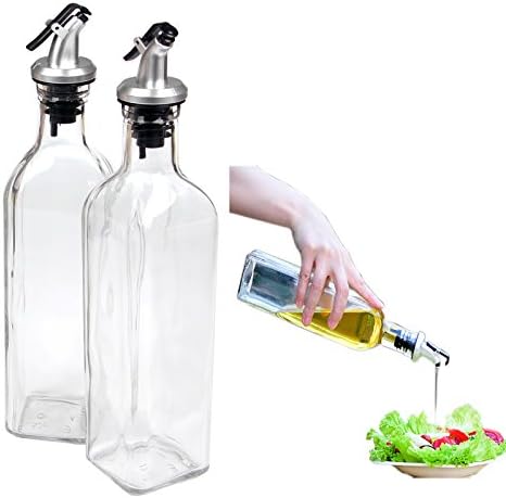 Hierkryst Cruet Oil Dispenser Glass Bottle for Cooking Container Spout Oil Dispenser Bottle Set for Kitchen,With Lever Release Pourer,17oz,pack of 2