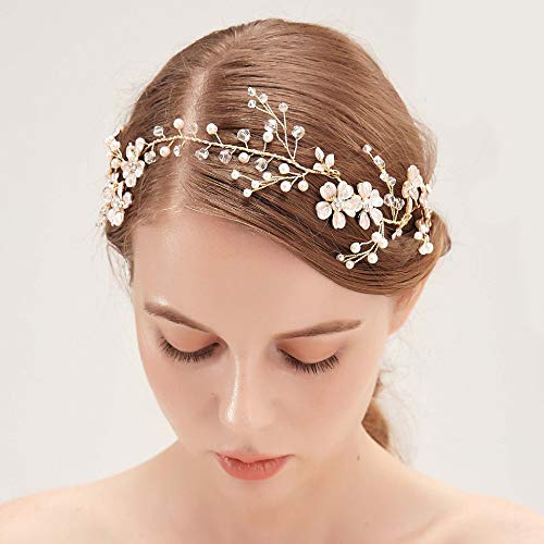 IYOU Bridal Wedding Hair Vines Flower Silver Headband Crystal Pearl Sparkly Rhinestones Bride Hair Accessories for Women and Girls (silver)