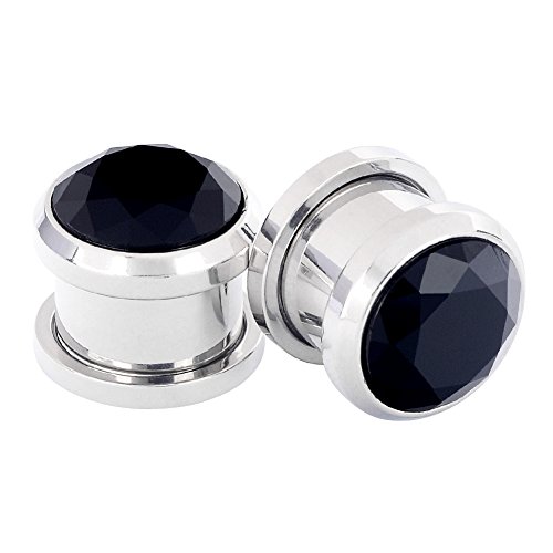 Longbeauty Pair Stainless Steel Black Cubic Zirconia Screw Stretcher Plugs 1/2"