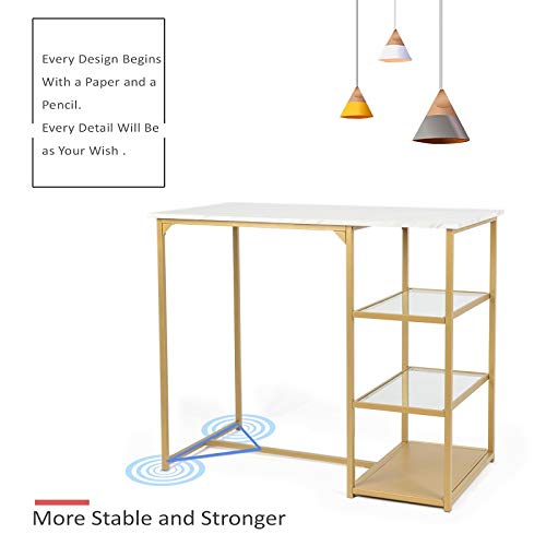 Modern 3 Piece Counter Dining Table Set with 2 Bar Stools and Metal Frame and Shelf Storage,Brass Pub Set with Faux Marble Top