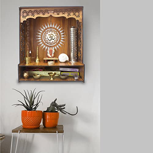 Heartily Shree Beautiful Wooden Pooja Stand for Home Mandir for Home Temple for Home and Office Puja Mandir for Home and Office Wall with LED Spot Light Product (H 18, L 16, W8.75 Inch)