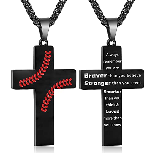 Zocomi Baseball Cross Necklace for Boys Men, Stainless Steel Cross Pendant Chain 24 Inches, Inspirational Bible Verse Religious Gift
