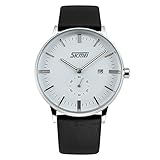 J.Market Men Quartz Watch 30 Meters Waterproof Business Watch With Date Function with Genuine Leather Band (White)
