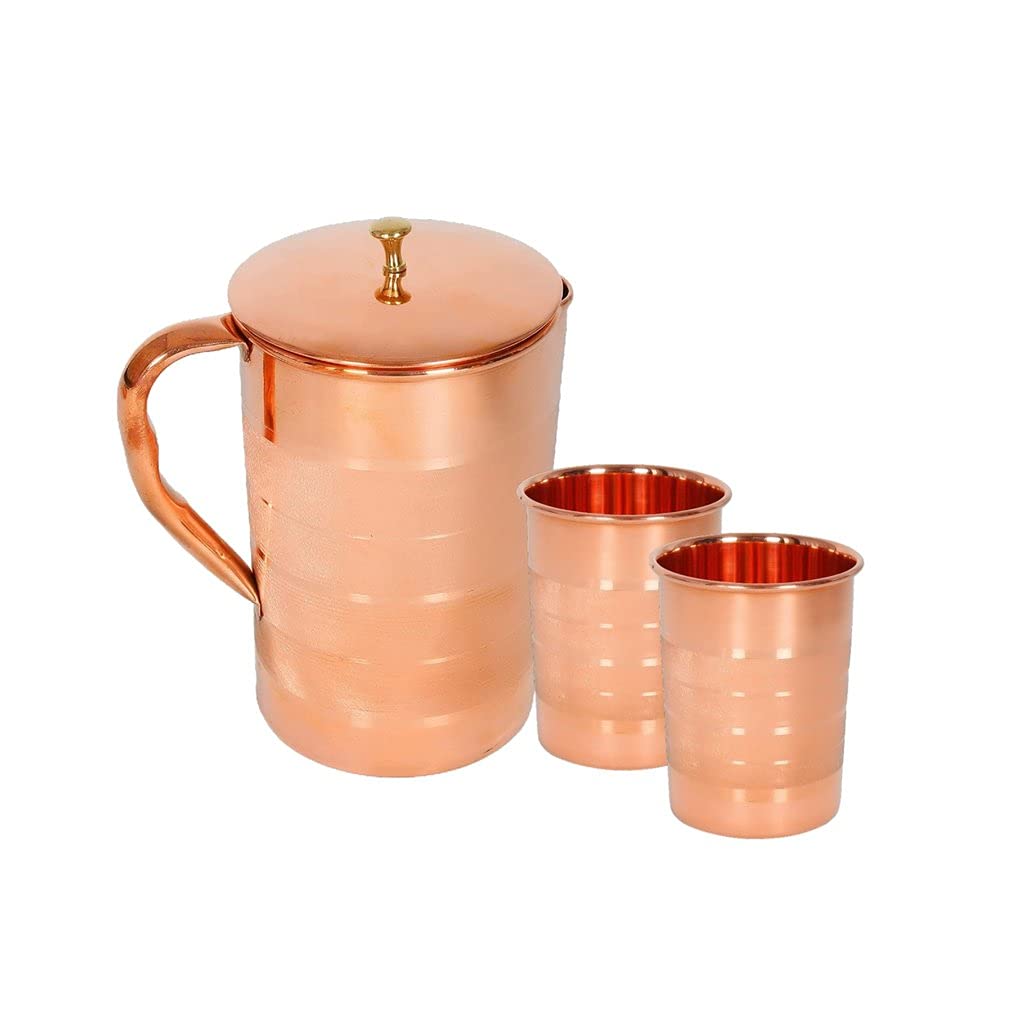 RATNA Embossed Copper Jug Pitcher 1500ML, with 2 Copper Glass Tumbler 300 ML Serveware & Drinkware, Ayurveda