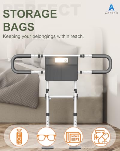 Agrish Bed Rail with Riser Handle and LED Light | Adjustable, with storage pocket and fits double and king size beds; ideal for seniors, convalescents and disabled