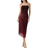 SKAYS Women's Summer Sleeveless Pleated Mesh Spaghetti Strap Party Bodycon Elegant Long Wedding Guest Dress
