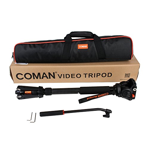 COMAN KX3535 Pro Video Monopod Kit Carbon Fiber 66 inch Twist Lock 4-Section Telescoping Leg and Q5 Fluid Drag Head with 3-Foot Locking Support Stand for DSLR Camcorder DV