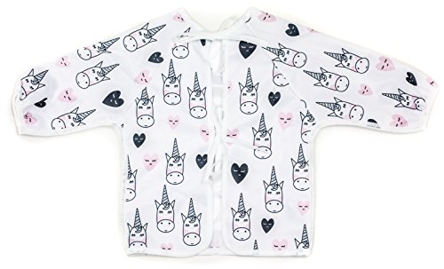 Pikababy Long Sleeved Bib Waterproof Bibs with pocket - 6 to 24 months baby girl and boy colors (White Unicorn)