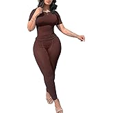 vyolu Casual Workout 2 Piece bodycon casual outfit Women Ribbed Set Short Sleeve Elastic Leggings LoungeWear activewear