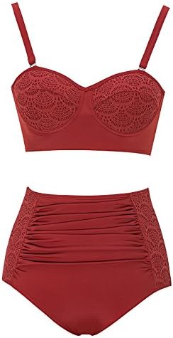 Saejous Two Piece Flounce Solid Push up Padded Wire Hollow Out Swimwear Peplum Lace Bikini Set (US 6, Red)