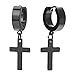 Pair Stainless Steel Black Huggie Hinged Hoop Earrings with Cross Men Women