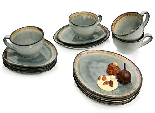 SÄNGER | Kaffeeservice Capri Grau aus Steingut, Kaffee Geschirrset für 4 Personen, Tassen, Untersetzer, Vintage Design