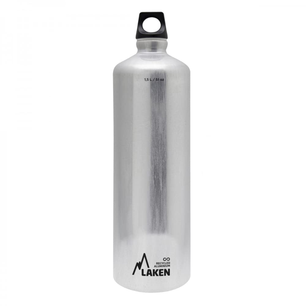 Laken Futura Aluminium Drinking Bottle Narrow Opening Screw Lid with Loop 1.5 L, 100% Recycled Aluminium, Silver