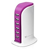 USB Tower Power Adapter 6-Port Smart IC Tech Charging Station with Quick Charge 2.1 for Phone, Tablets, and More (Purple)