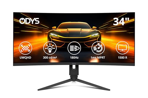 ODYS XP34 PRO-X Curved Gaming Monitor – 34 Zoll (86 cm) UWQHD (3440x1440), 180 Hz (DP), 1ms Reaktionszeit (MPRT),125% sRGB, HDR10, FreeSync/G-Sync komp., 1500R, Pip/PBP, 2X HDMI 2.1, 2X DisplayPort thumbnail 1