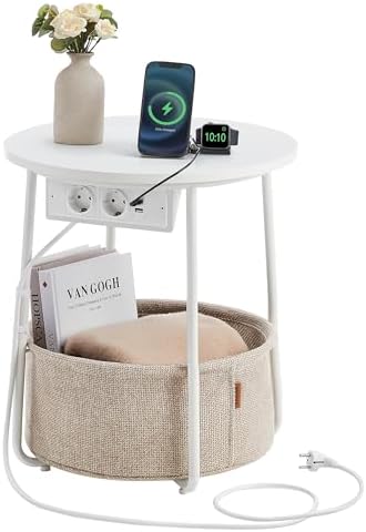 Coleção LILEA - Mesa de Cabeceira, Mesa Redonda com Tomadas de Alimentação, Cesto de Tecido, Espaçosa, Mesa de Cabeceira, Estilo Moderno, Branco Mate e Castanho Camel LET228W02