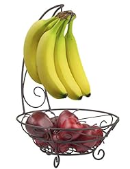 Home Basics Scroll Collection Steel Fruit Basket with Hanging Banana Tree, Perfect for Kitchen Countertop & Dining Room Table, Bronze