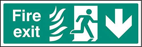 Caledonia Signs 12092L Fire Exit Arrow Down HTM Sign, Rigid Plastic, L: 450 mm x 150 mm