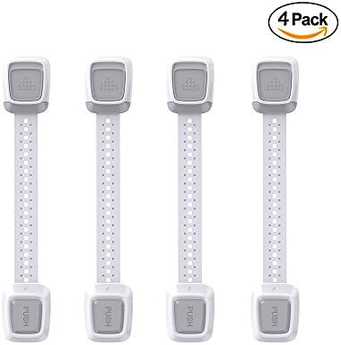 New Version Baby Proofing Cabinet Locks 4 PCS Child Safety Adjustable Latch Straps By Baby Commander for Cupboard,Drawers, Fridge,Toilet Seat,Oven and Appliance No Drilling Required 3M Tape (Grey)