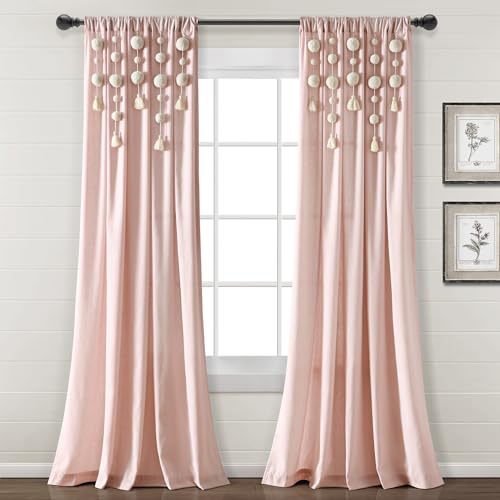 Lush Decor Boho Pom Pom Tassel Linen Window Curtain Panel (Single Panel), 95 L x 52 W, Blush